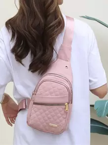 幾何格紋衍縫吊索後背包,休閒尼龍胸包,戶外遊玩斜挎包大容量海灘洞包,防水輕便收納袋,海灘運動玩具托特包