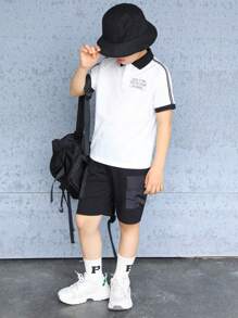 SHEIN 男孩標語圖案拼接領POLO衫 - 白色 - 查看 1