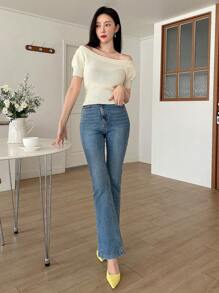 DAZY Top de punto con cuello de barco, mangas raglán y hombros descubiertos - Albaricoque - Ver 5