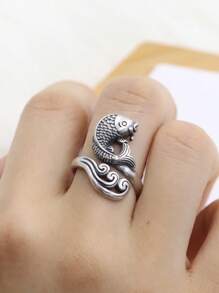 1入組流行復古仿舊開放可調鯉魚魚戒指復古仿舊 - 復古銀色 - 查看 1