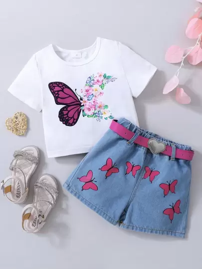 SHEIN Bộ thời trang bé gái Hoa Loại bướm Giải trí