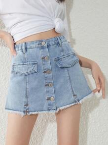Teen Girls Button Front Raw Hem Denim Skort - Light Wash - View 1