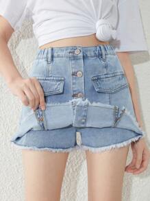 Teen Girls Button Front Raw Hem Denim Skort - Light Wash - View 3