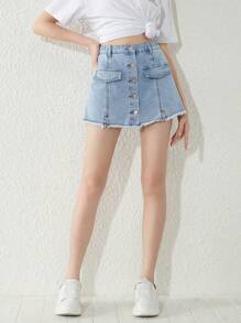 Teen Girls Button Front Raw Hem Denim Skort - Light Wash - View 4