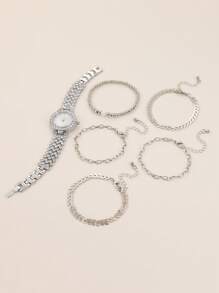 女士奢華石英首飾套裝帶1入組手錶和5入組手鍊 - 銀色 - 查看 2