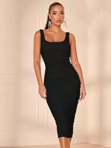 SHEIN BAE Solid Ruched Mesh Bodycon Dress - Black - View 3