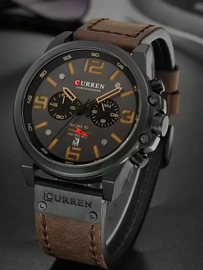 Curren 1pc Sport Artificial Leather Strap Timer Function Quartz Sports Watch Father As A Gift For Students Returning To School