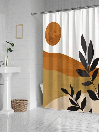 1入組樹葉和太陽印花淋浴現代滌綸防水浴簾
