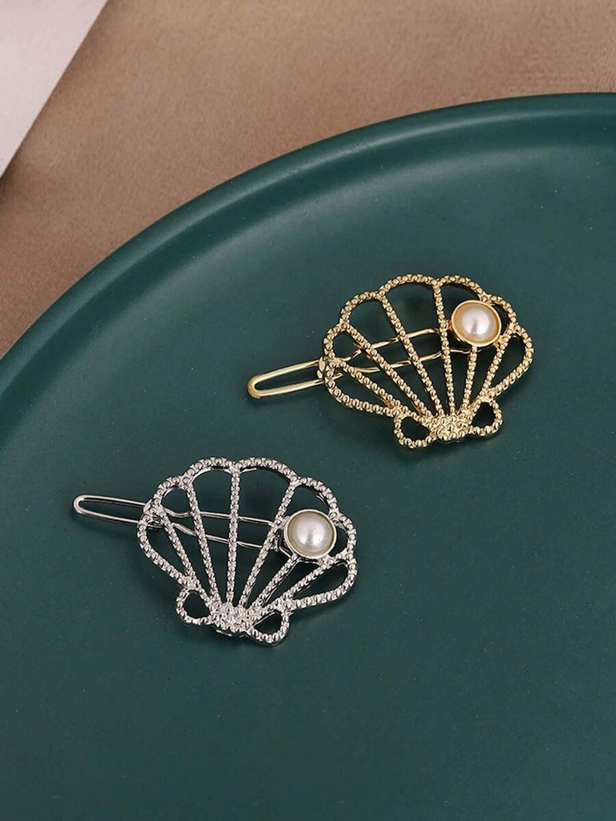 2pcs Women Shell & Rhinestone Decor Fashion Hair Clip - Multicolor - View 1