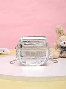 1入組女孩鱷魚印花PU皮革翻蓋馬鞍包 - 銀色 - 查看 2