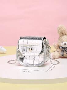 1入組女孩鱷魚印花PU皮革翻蓋馬鞍包 - 銀色 - 查看 6