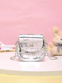 1入組女孩鱷魚印花PU皮革翻蓋馬鞍包 - 銀色 - 查看 9