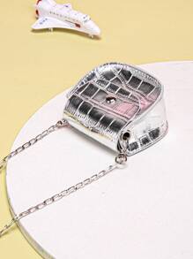 1入組女孩鱷魚印花PU皮革翻蓋馬鞍包 - 銀色 - 查看 10