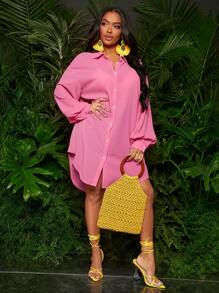 SHEIN SXY 素色前紐扣襯衫 - 粉色 - 查看 5