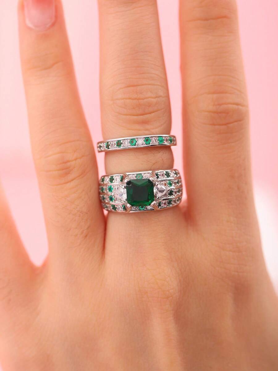 2 cái/bộ Bộ Nhẫn Đính Đá Cubic Zirconia Màu Xanh Lá Cây - Nhiều màu - Xem 1