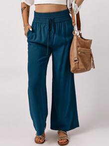 Solid Drawstring Waist Wide Leg Pants