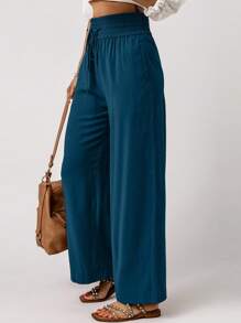Solid Drawstring Waist Wide Leg Pants