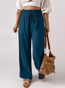 Solid Drawstring Waist Wide Leg Pants