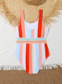 Girls Striped Print One Piece Swimsuit - Multicolor - View 2