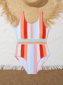 Girls Striped Print One Piece Swimsuit - Multicolor - View 5