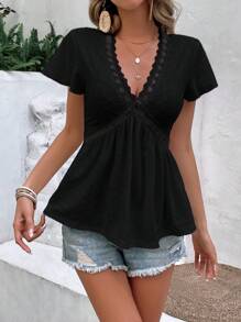 SHEIN Frenchy Guipure Lace Trim Peplum Tee Black Summer Casual Black - Black - View 3