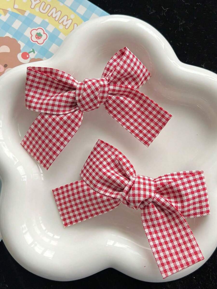 2pcs Gingham Pattern Bow Decor Alligator Hair Clip Cute Y2k Valentine's Day Claw Clips Hair Claws Hair Barrettes, School Stuff, Elegant, College, Bows, Hair Accessories