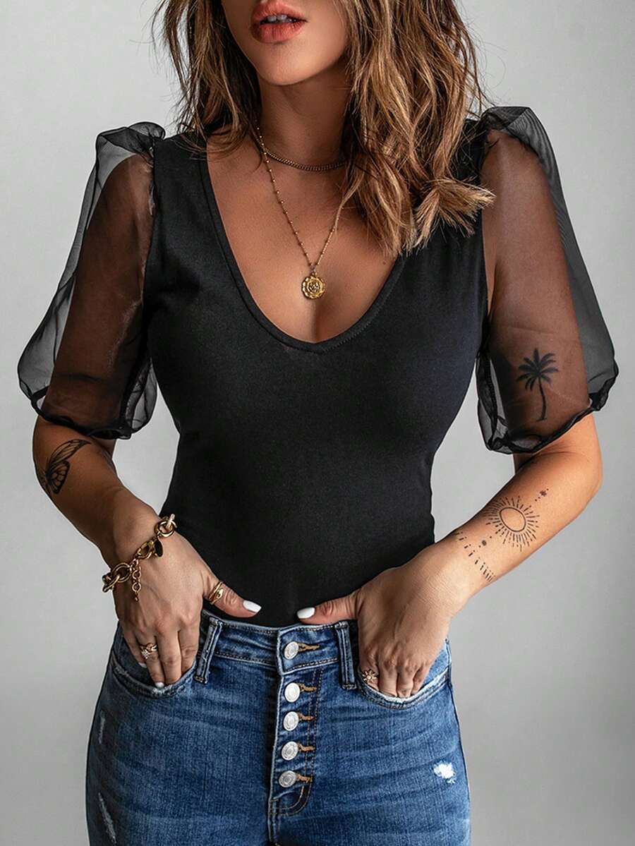 Contrast Mesh Puff Sleeve Tee