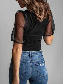 Contrast Mesh Puff Sleeve Tee