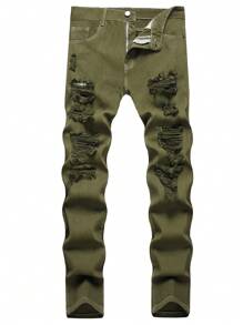 Hombres Jeans ajustados desgarro crudo - Verde militar - Ver 1