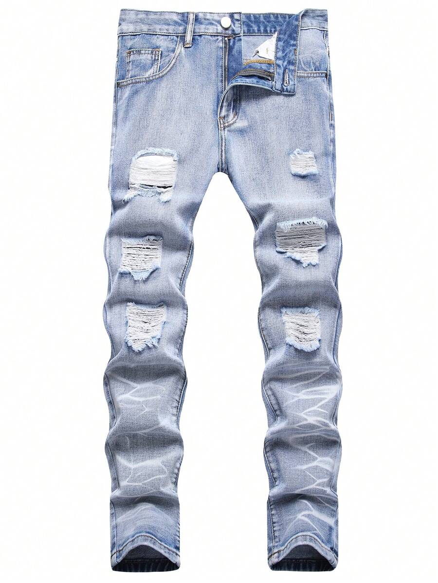 男士棉破洞抽鬚漂白水洗牛仔褲 - 淺色水洗藍 - 查看 1