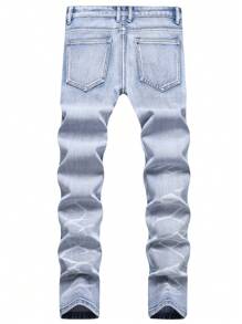 男士棉破洞抽鬚漂白水洗牛仔褲 - 淺色水洗藍 - 查看 2