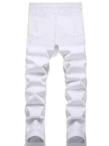 Men Cotton Ripped Frayed Rag Stitching Jeans - White - View 2