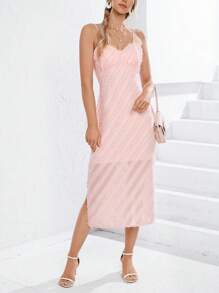 SHEIN Privé Solid Fringe Trim Split Hem Cami Dress - Baby Pink - View 3