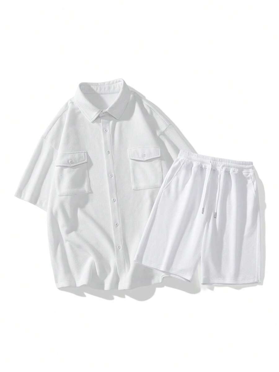 Men Flap Pocket Drop Shoulder Shirt & Drawstring Waist Shorts - White - View 1