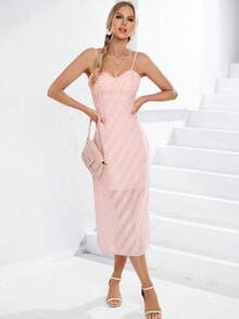 SHEIN Privé Solid Fringe Trim Split Hem Cami Dress - Baby Pink - View 5