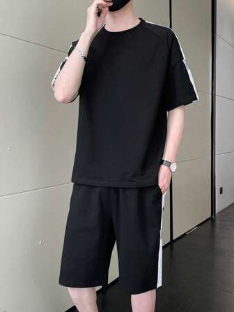 男士拼接側邊接縫插肩袖T恤和短褲