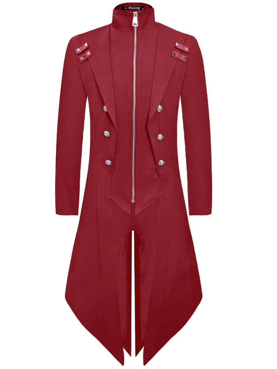 Men Zip Up Asymmetrical Split Hem Coat - Burgundy - View 1