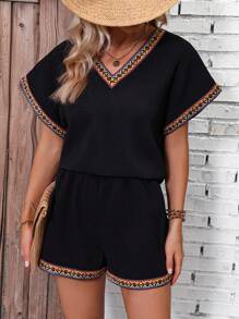 SHEIN LUNE Contrast Geo Tape Dolman Sleeve Blouse & Shorts - Black - View 1