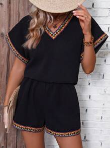 SHEIN LUNE Contrast Geo Tape Dolman Sleeve Blouse & Shorts - Black - View 4
