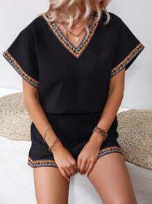 SHEIN LUNE Contrast Geo Tape Dolman Sleeve Blouse & Shorts - Black - View 6