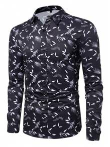 Hombres Camisa con estampado con botón - Blanco y Negro - Ver 1