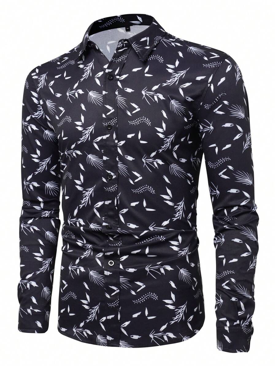 Hombres Camisa con estampado con botón - Blanco y Negro - Ver 1
