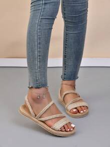 女性極簡風格編織細節度假夏天平底涼鞋 - 卡其色 - 查看 2