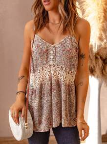 Casual Loose V-Neck Lace Patchwork Sexy Floral Camisole - Apricot - View 4