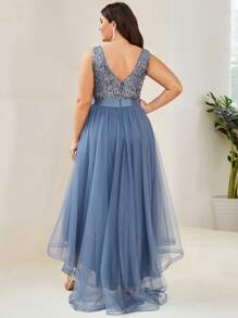 Plus Contrast Sequin High Low Hem Mesh Bridesmaid Dress Elegant Prom Semi Formal Wedding Guest Dress, For Birthday, Graduation, Homecoming - Dusty Blue - View 2