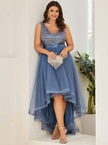 Plus Contrast Sequin High Low Hem Mesh Bridesmaid Dress Elegant Prom Semi Formal Wedding Guest Dress, For Birthday, Graduation, Homecoming - Dusty Blue - View 3