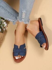 女士镂空拖鞋，时尚夏季平底凉鞋，沙滩装扮 - 藍色 - 查看 2