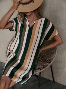 SHEIN LUNE Striped Print Notched Neckline Batwing Sleeve Tunic Dress - Dark Green - View 3