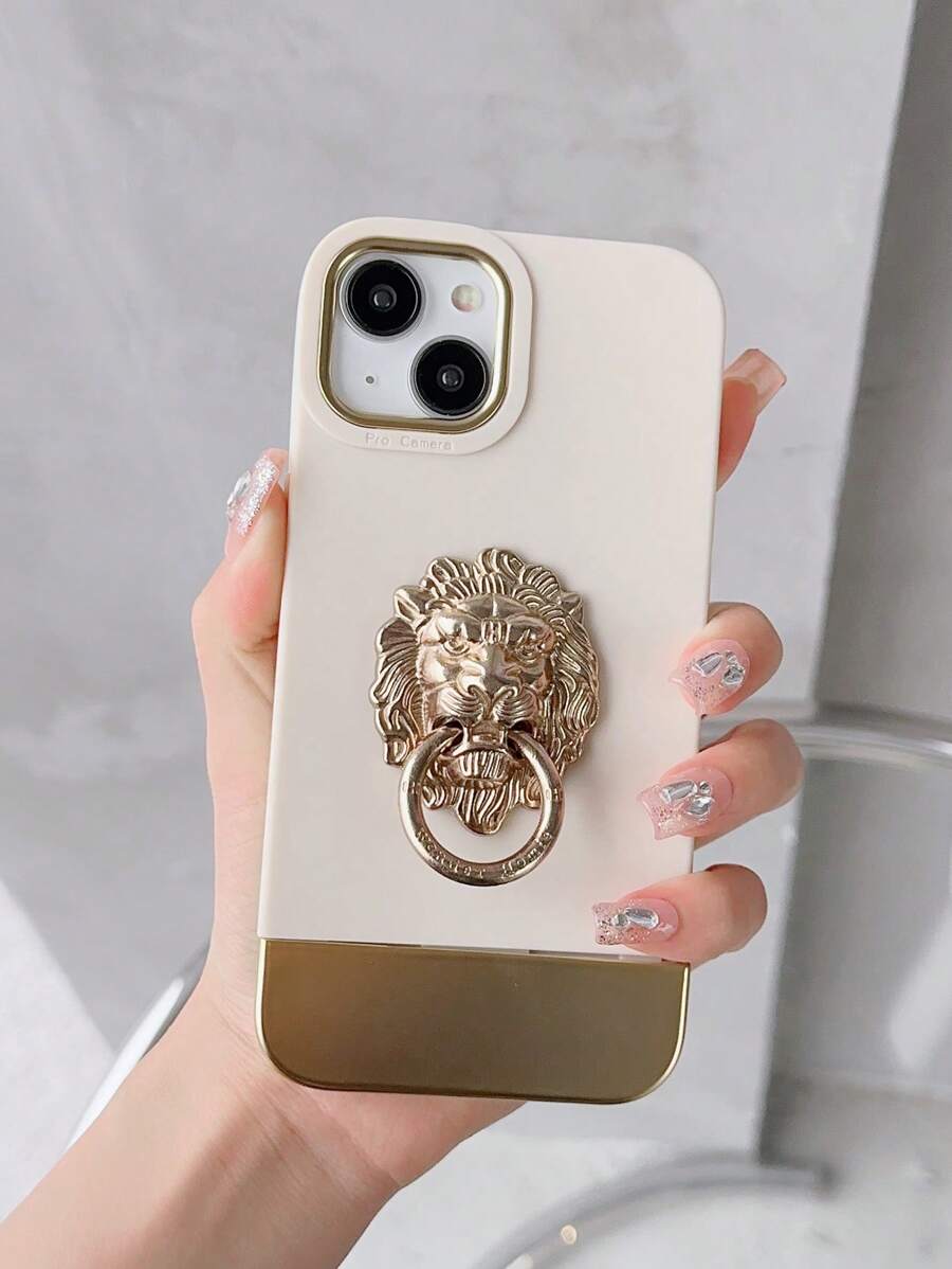 Metal Electroplating Splicing Design & Lion Head Bracket New Phone Case Protective Cover - Beige - View 1