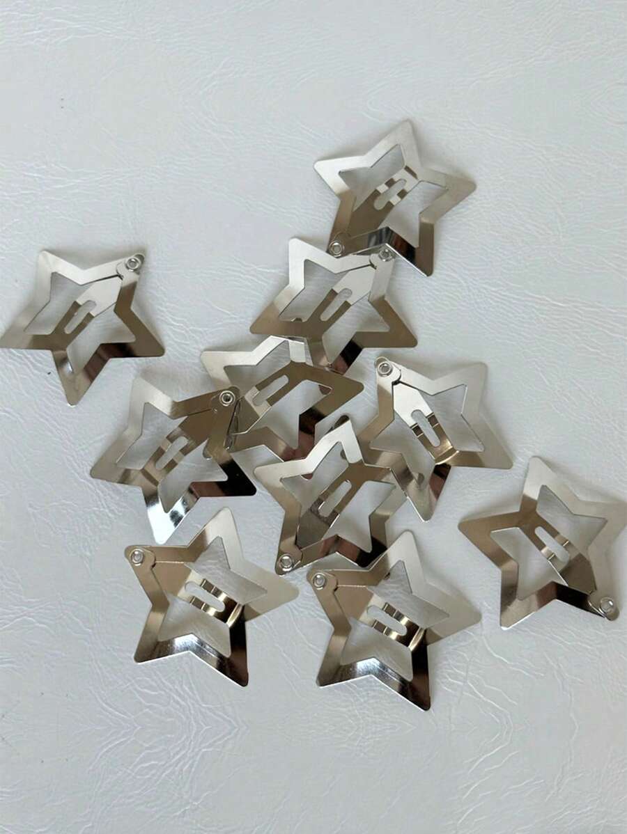 10pcs Silver Star Shaped BB Hair Clips For Girls, Y2K Cute Star Hairpins, Simple Metal Hair Accessories For Women Street
